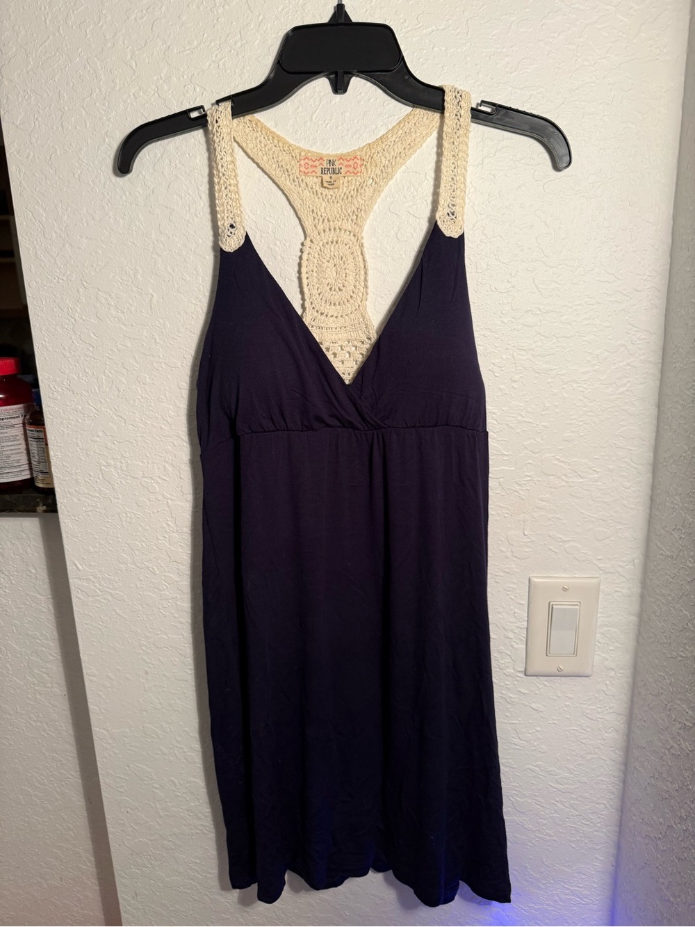 Crochet Back Tank Dress in Navy and Cream